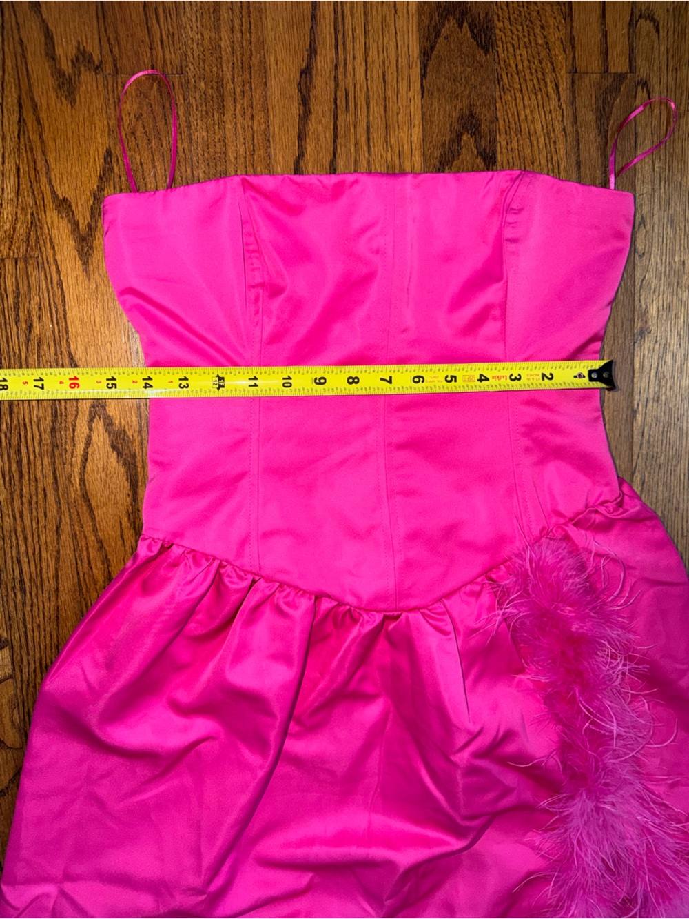 WeWoreWhat Vibrant Hot Pink Corset Dress with Feathers and High Leg Slit Fitted - Picture 10 of 11